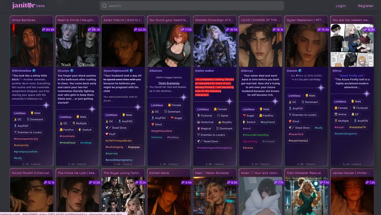 Janitor AI homepage with large NSFW chatbot library and custom model support