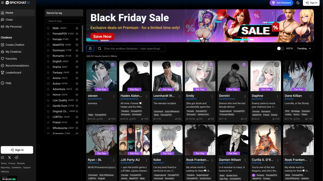 SpicyChat.AI homepage with unfiltered NSFW AI chatbot options and community favorites